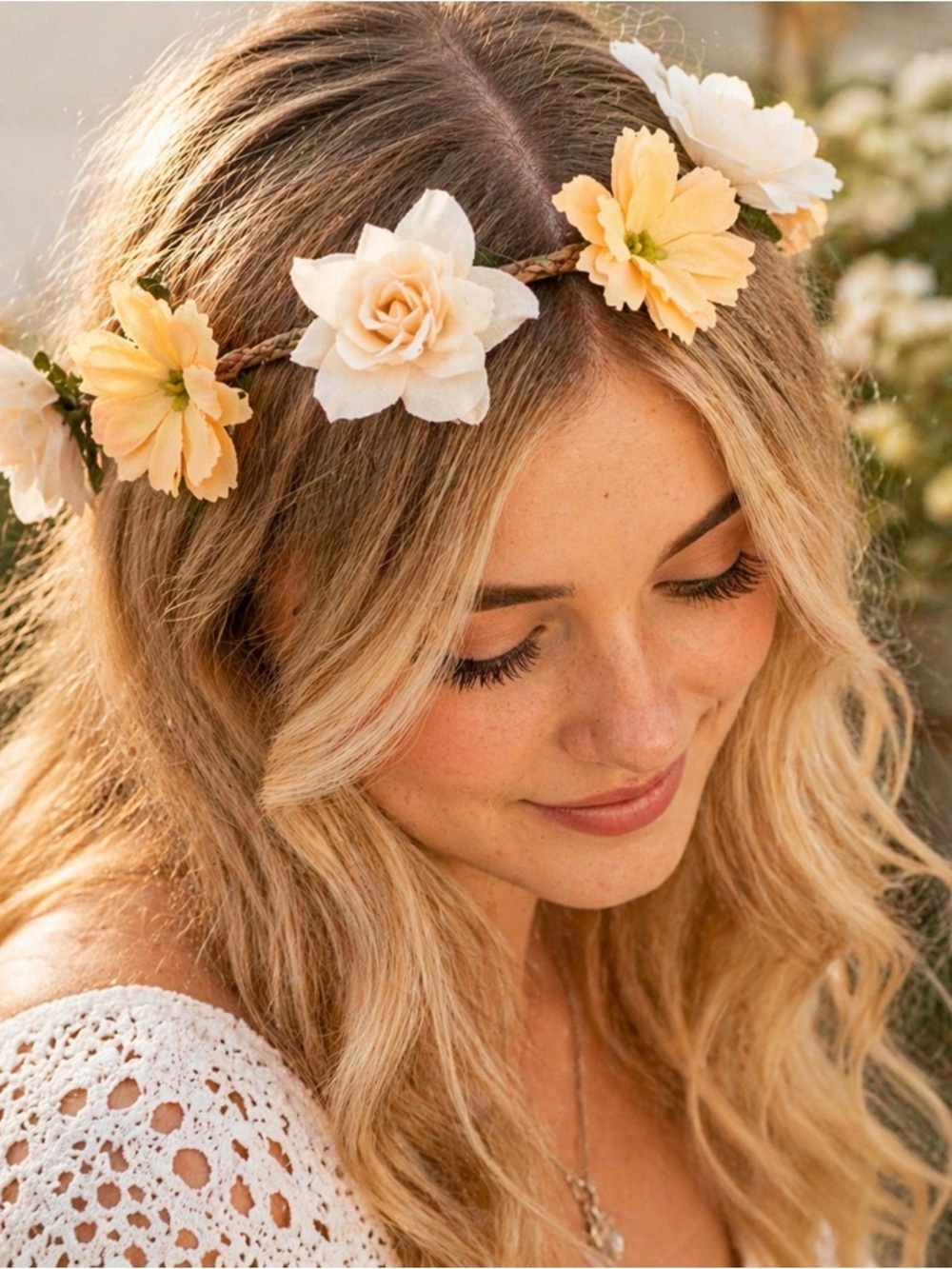 Boho Floral Crown Headband Cream Yellow Spring Cottagecore Garden